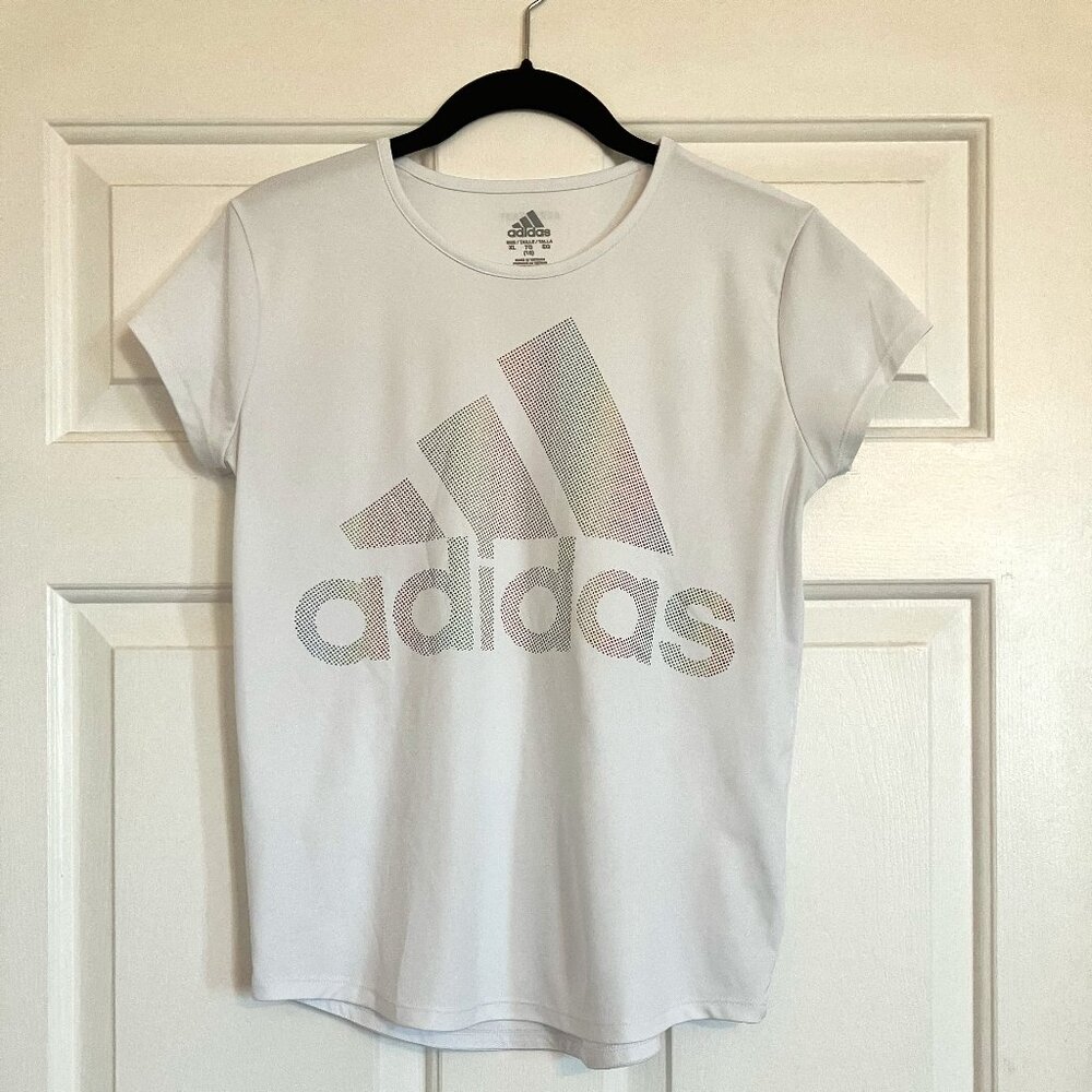 Girls XL(16) Adidas AEROREADY Aethletic Tee White with Rainbow Logo